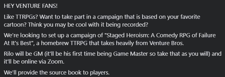 Wanna take part in a Very Venture TTRPG?

Fill out the interest form here: bit.ly/VeryVentureRPG