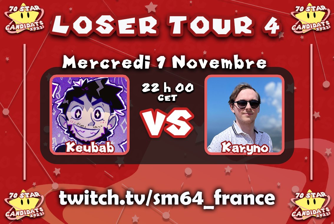 sm64_france's tweet photo. On s'approche doucement, mais sûrement de la fin du tournoi ! Ce soir, on avance le Loser Bracket.
LOSER TOUR 4 :
@keubab_ VS @Karyno21 à 22 h 00 CET
LOSER TOUR 2 :
@banova82840 VS @Hachraam à 23 h 30 CET
-> https://t.co/ikT2PRHjiz <-
#70SC #70SC2023 https://t.co/fT7uBxF7Kf