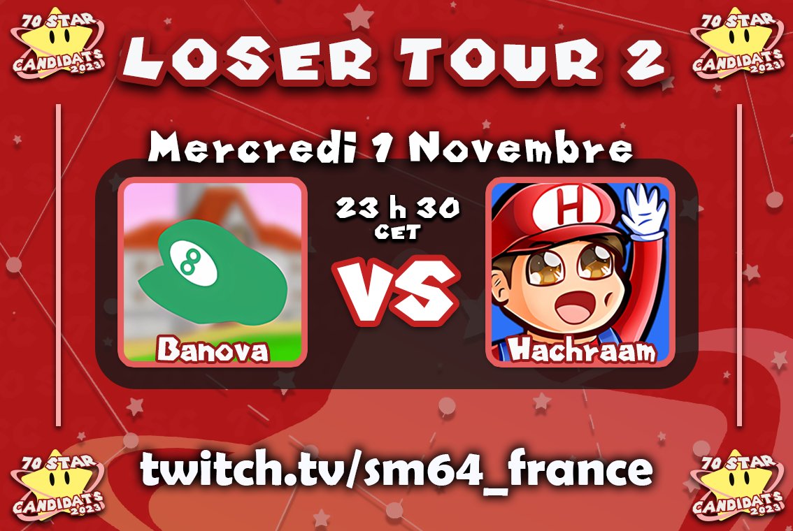 sm64_france's tweet photo. On s'approche doucement, mais sûrement de la fin du tournoi ! Ce soir, on avance le Loser Bracket.
LOSER TOUR 4 :
@keubab_ VS @Karyno21 à 22 h 00 CET
LOSER TOUR 2 :
@banova82840 VS @Hachraam à 23 h 30 CET
-> https://t.co/ikT2PRHjiz <-
#70SC #70SC2023 https://t.co/fT7uBxF7Kf
