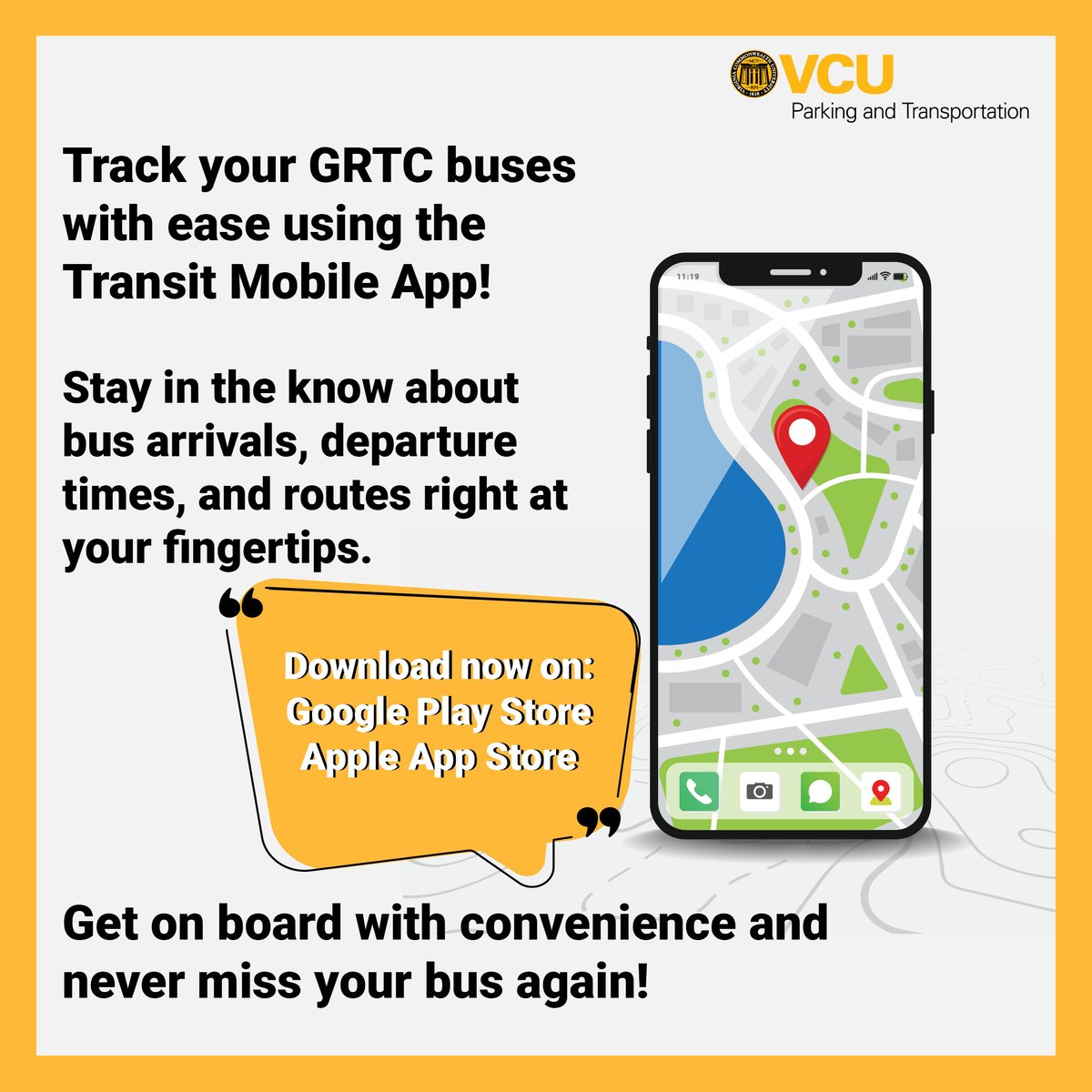 VCUParking's tweet image. 🚌 Get on board! 📱 You can track #GRTC buses effortlessly using the Transit Mobile App. Download now on Google Play Store and Apple App Store. Never miss your bus again! 🚍 #GRTC #TransitApp