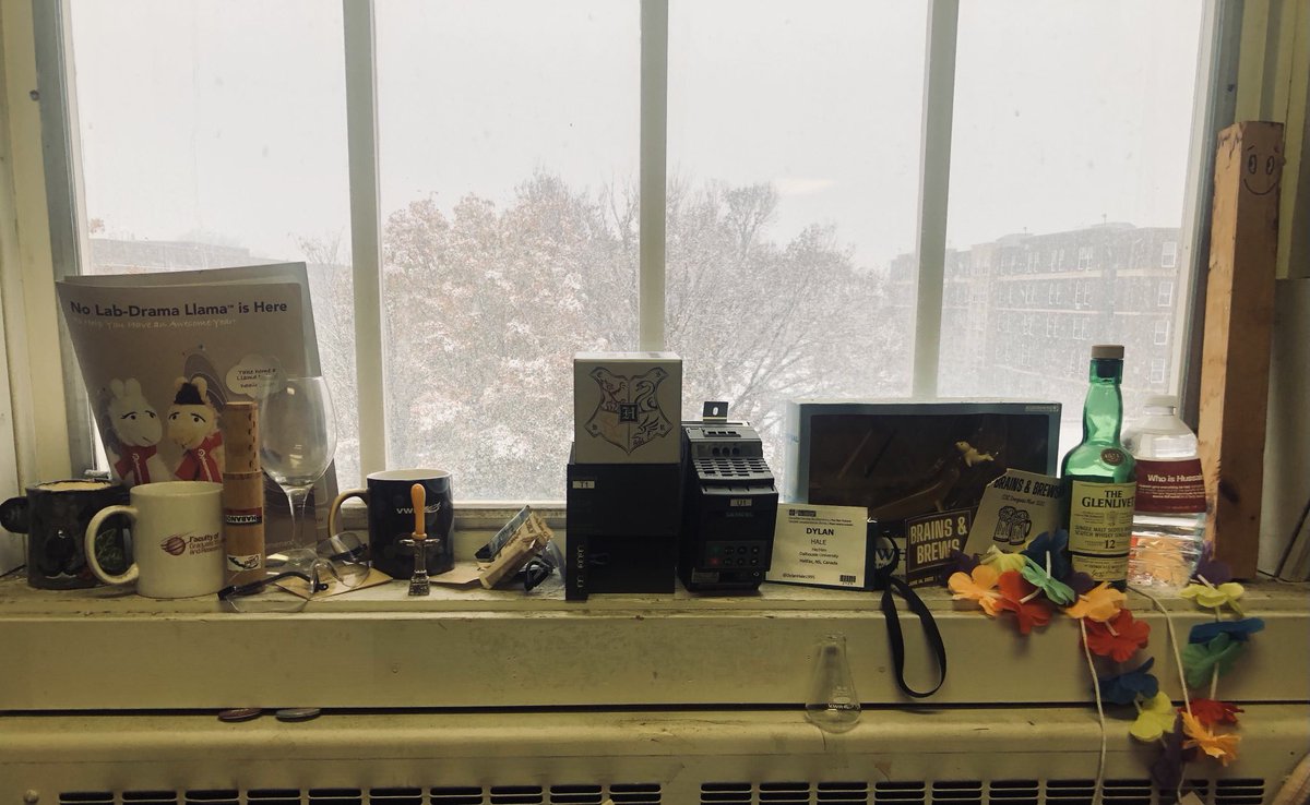 TurculetChem's tweet photo. First snow. Also, some of the interesting things that have accumulated on our office windowsill over the years…. https://t.co/1VsRg3kUWN
