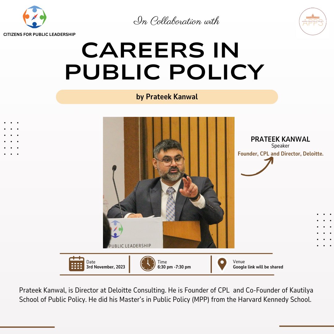 CPLFellows's tweet photo. CPL in collaboration with Ashoka Public Policy Society is organising a speaker session on ‘Careers in Public Policy’ by an eminent policy expert Prateek Kanwal on 3rd November 2023 at 6:30 p.m. 

#cpl #CPLindia #leadership #online #policy #publicpolicy #ashoka #ashokauniversity https://t.co/AFAoN1yPfR