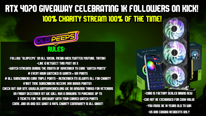 OLDPEEPS45's tweet photo. Live Now
GPU Giveaway starts today, First 50 people on the stream get a 100 watch points bonus! 
Come chill its all for charity: 

https://t.co/jIYPCtmf3T
https://t.co/jIYPCtmf3T
https://t.co/jIYPCtmf3T https://t.co/L2vK3NUO7x