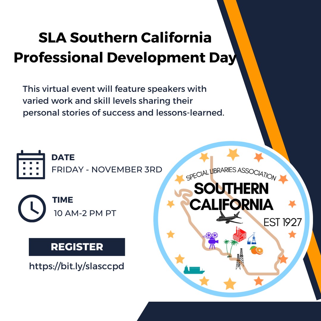 SLA Southern California Professional Development Day Friday, 11/3/23 10am-2pm PT Registration is open for Professional Development Day 2023!  
Link to register: bit.ly/slasccpd