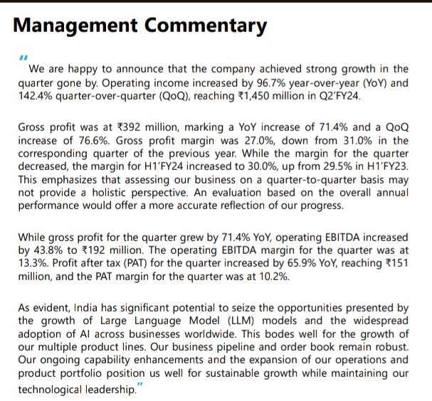 nid_rockz's tweet image. Netweb technologies
#NETWEB

Inv ppt:
Good #Q2FY24

Pipeline of 3148cr
L1 for 350cr
Orderbook of 217cr

To establish SMT lines within 6-9 months

License agreement with Intel

Foray into Europe and Middle East

New product lines:
Network switches
5G ORAN

RoE 17.4%
RoCE 22.3%…
