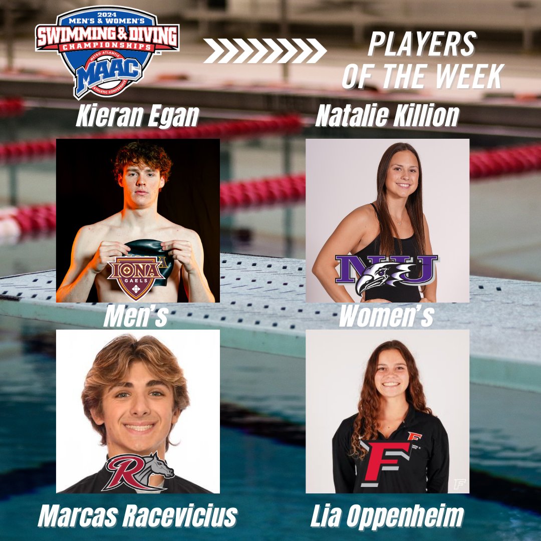Congrats to this week's #MAACSwim Weekly Award Winners!  

M Swimmer: Kieran Egan, <a href="/IonaSwimming/">Iona Swimming & Diving</a>
M Diver: Marcas Racevicius, <a href="/RUSDT/">Rider University Swim & Dive team</a>
W Swimmer: Natalie Killion, <a href="/NiagaraSwim/">Niagara Swimming</a>
W Diver: Lia Oppenheim, <a href="/Stags_SwimDive/">Fairfield Swimming and Diving</a>

📰: bit.ly/49kbJ4w

#MAACSports x #MAACSwim