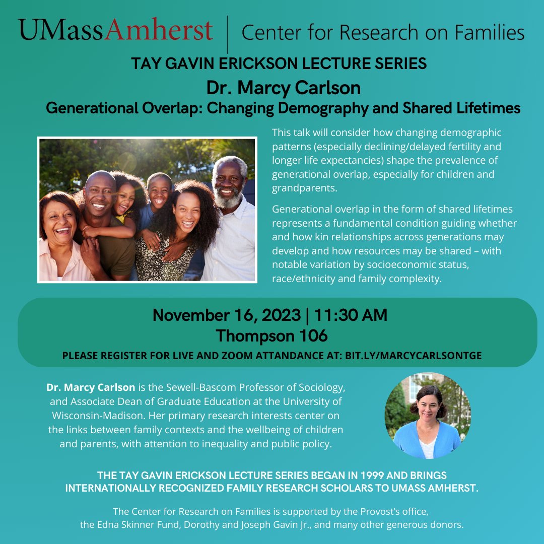 Dr. Marcy Carlson is coming to UMass Amherst on November 16th to give a lecture on 'Generating Overlap: Changing Demography and Shared Lifetimes'. Join us in Thompson 106 at 11:30am or on Zoom(bit.ly/MarcyCarlsonTGE)!