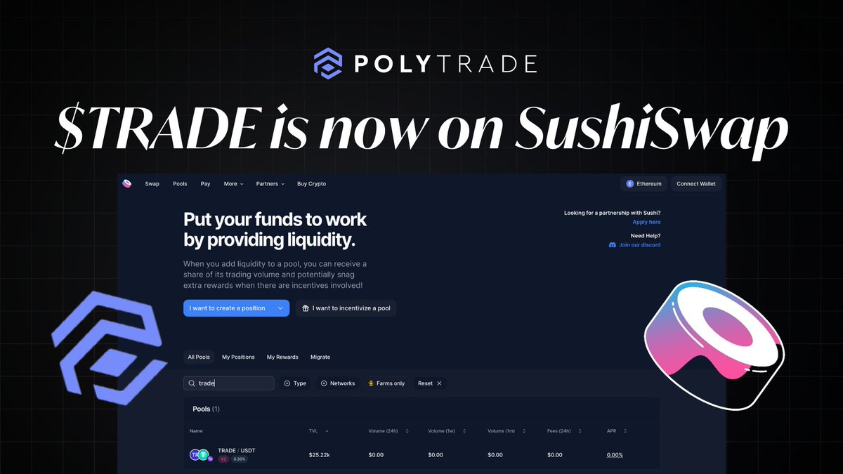 $TRADE/USDT pair is now live on <a href="/SushiSwap/">Sushi.com</a> V2 🍣

Stir up the pool and start earning while you're at it 💸

sushi.com/pool/137%3A0x6…