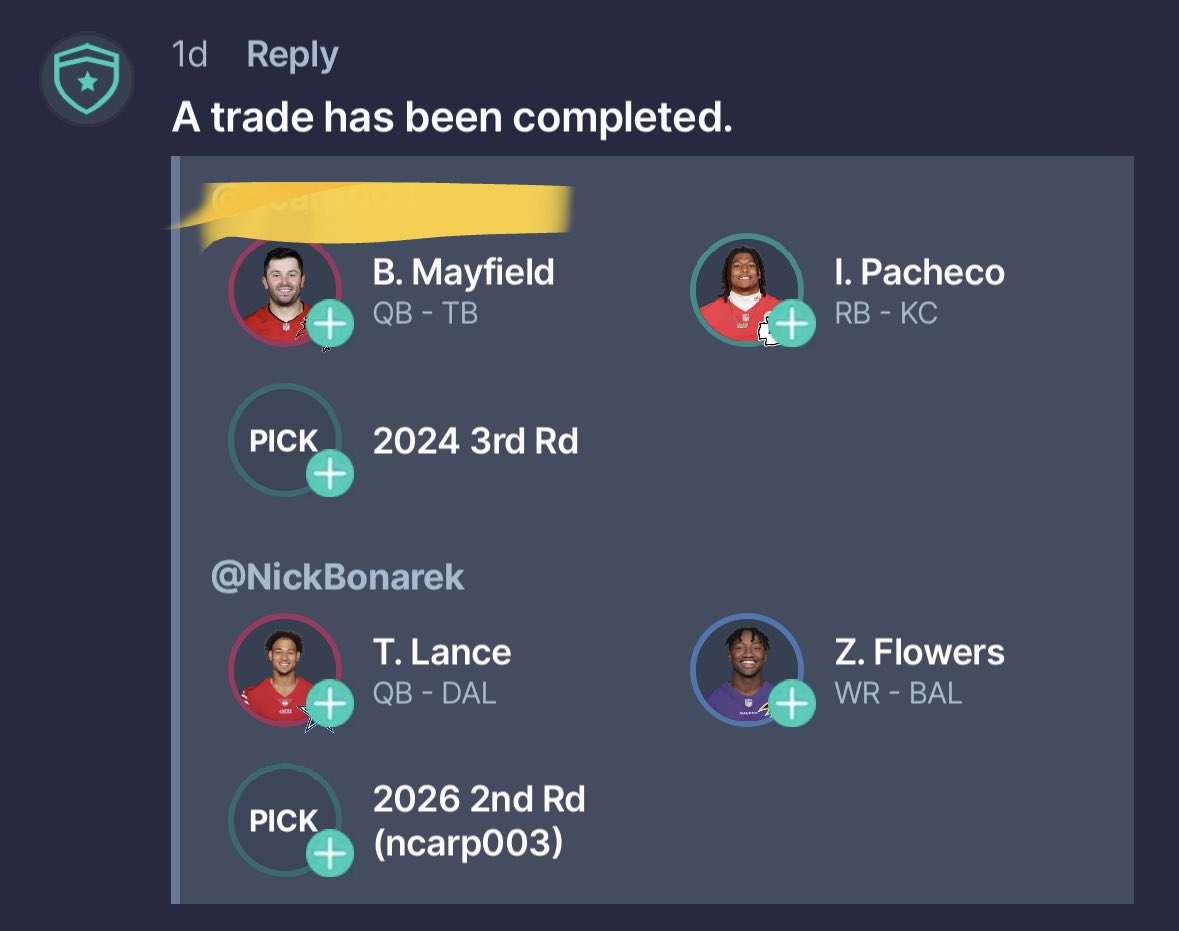NickBonarek's tweet photo. What’s the @TheFFBallers #footclan #footcast think of this? 1 QB dynasty, other guy has cousins and fields and in first place while I’m rebuilding. https://t.co/PrzCeeSUVW