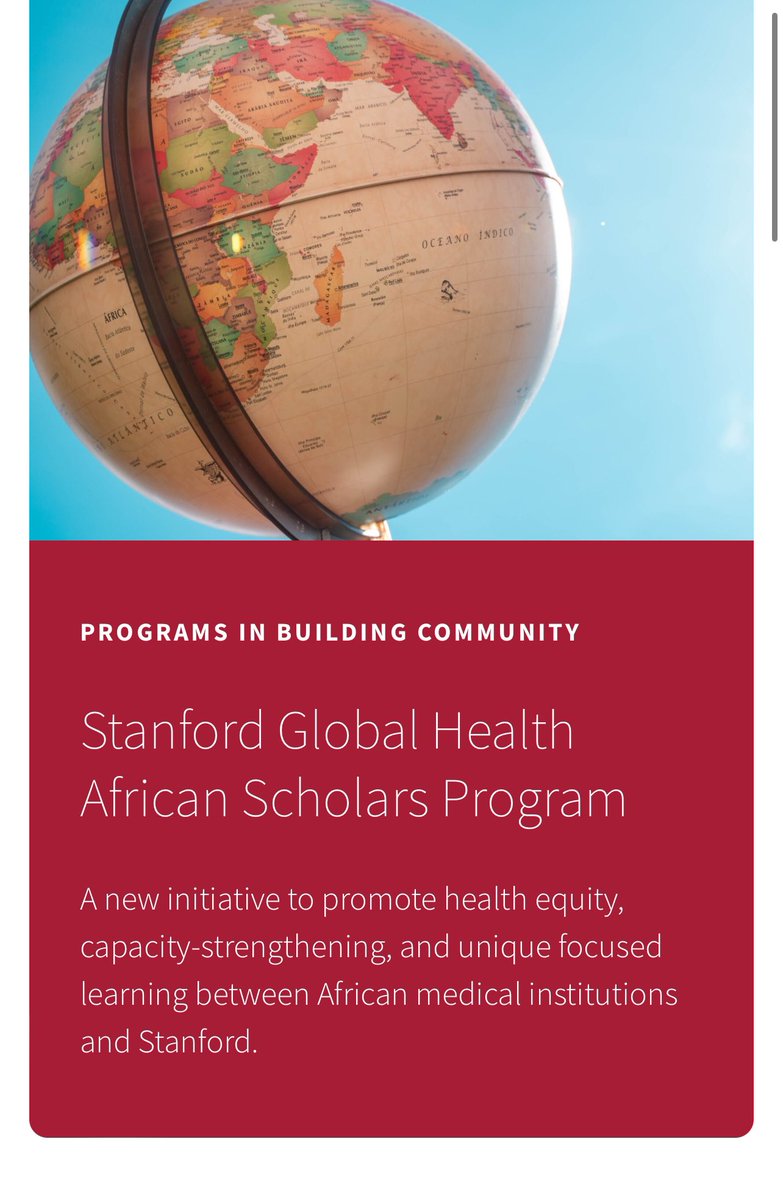 “This three-year program will fund 24 mid-career physicians from African countries to travel to Stanford for a six-week period of time, gaining a specific skill set identified by the African scholars as a need.”

Important <a href="/StanfordCIGH/">Stanford Center for Innovation in Global Health</a> program- please share