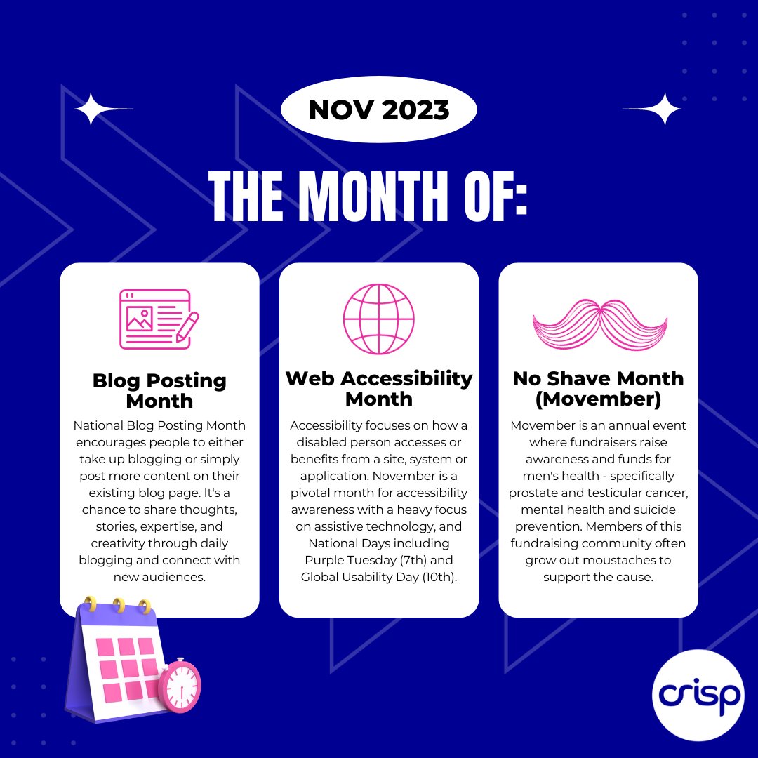 CrispDigitalUK's tweet image. November is the month of:
- Blog Posting📝
- Web Accessibility🌐
- Movember 🪒
#webaccessibility #blogposting #movember #webdevelopment #marketing #agency