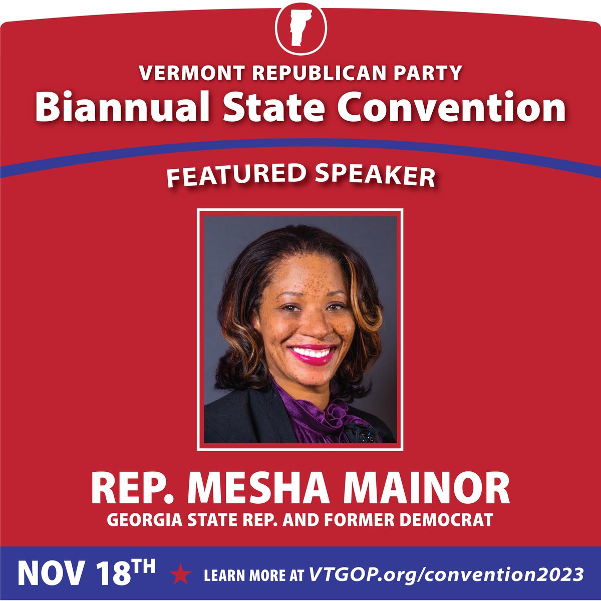 VTGOP's tweet photo. Our most exciting #WalkAwayWednesday yet!

Today we're announcing that GA State Rep @MeshaMainor will be our luncheon guest at the State Convention on Saturday, November 18th

She'll talk about what it was like for her to #walkaway from the Democratic Party as an elected official https://t.co/8x9EiRJ3fD