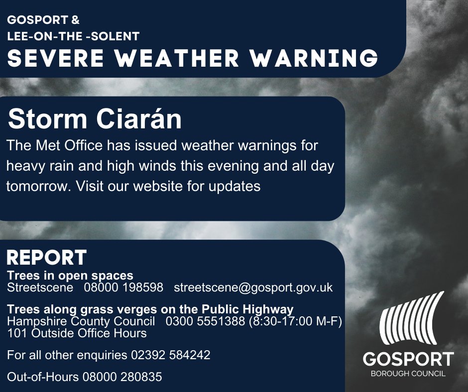 GosportCouncil's tweet image. The @metoffice has issued weather warnings for heavy rain &amp;amp; high winds this evening &amp;amp; all day tomorrow. Prepare and stay safe during #StormCiarán 

gosport.gov.uk/article/2604/I…