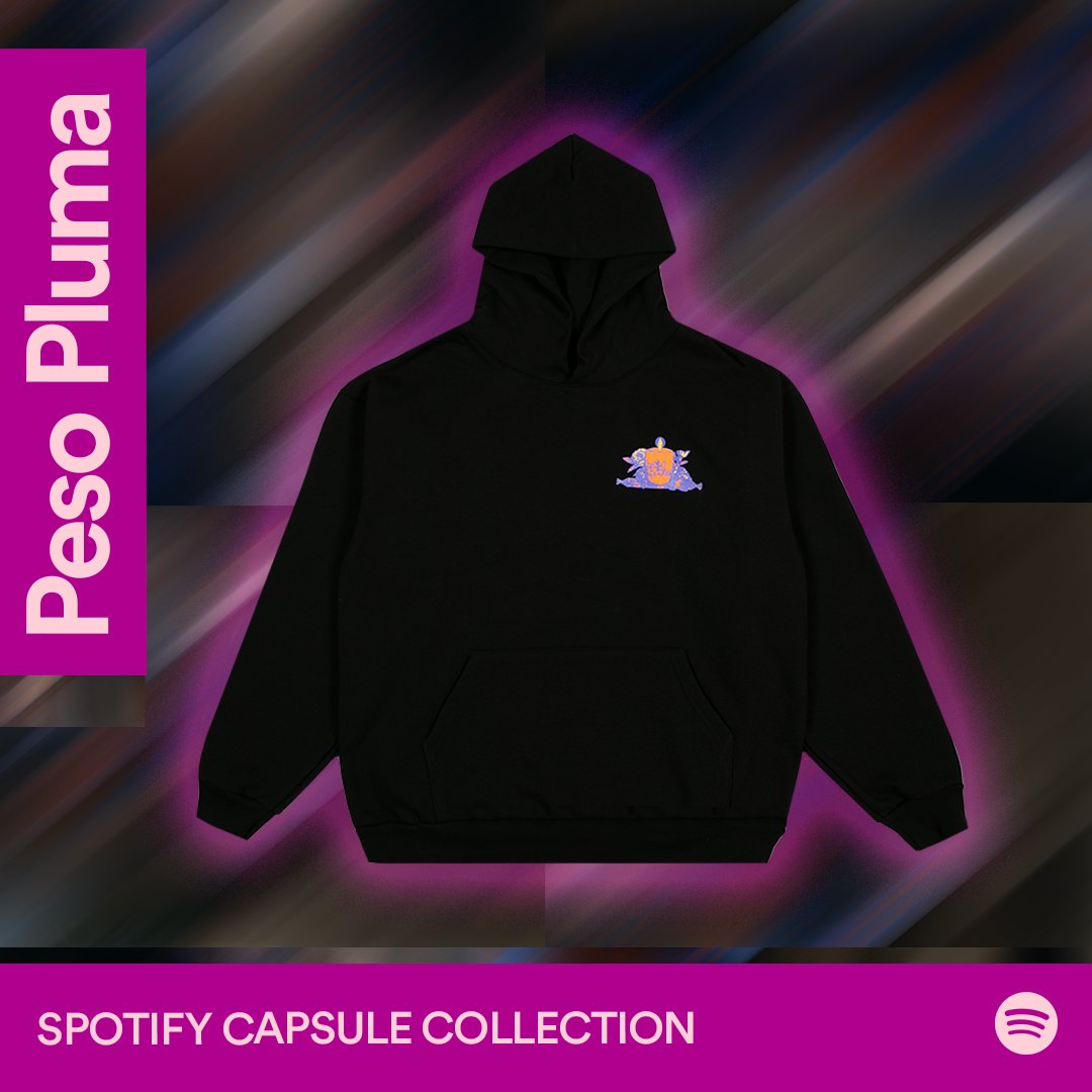 Spotify's tweet image. Introducing the Spotify digital merch table, debuting a limited-edition collection with our 👑 Peso Pluma.  💸🪶💀🌹Available now bit.ly/CCPesoPluma