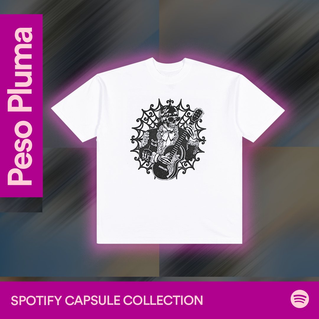 Spotify's tweet image. Introducing the Spotify digital merch table, debuting a limited-edition collection with our 👑 Peso Pluma.  💸🪶💀🌹Available now bit.ly/CCPesoPluma
