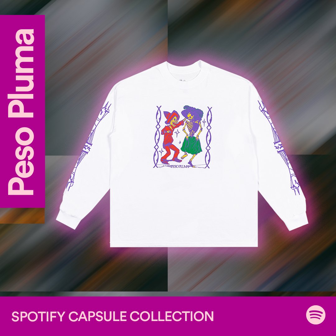 Spotify's tweet image. Introducing the Spotify digital merch table, debuting a limited-edition collection with our 👑 Peso Pluma.  💸🪶💀🌹Available now bit.ly/CCPesoPluma
