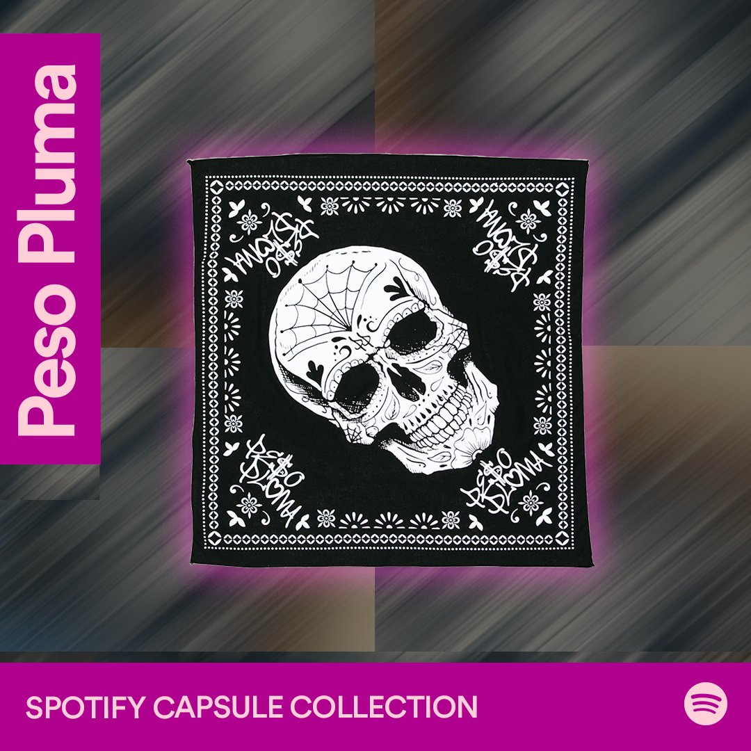 Spotify's tweet image. Introducing the Spotify digital merch table, debuting a limited-edition collection with our 👑 Peso Pluma.  💸🪶💀🌹Available now bit.ly/CCPesoPluma