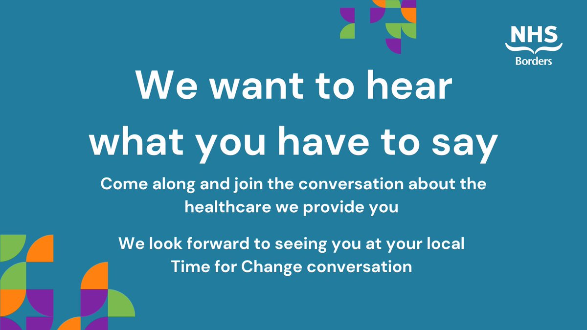 Come and join our Time for Change conversations!

We are holding sessions across the Borders to hear from you about the healthcare services we provide. 

Click here to find your local conversation and more info 👉 nhsborders.scot.nhs.uk/tfc-1-nov-2023

We look forward to seeing you there.