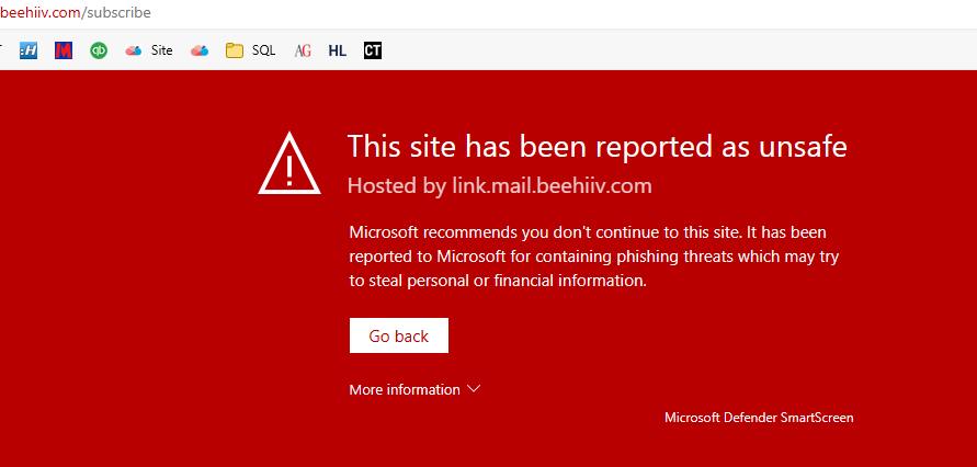 mediatomcat's tweet photo. @beehiiv Hi.  Super keen to use your software, but seems there are some gaps in the KB.  I simply need to get the read online to go to the post and not to the a subscribe page (which is weird).  And the subscribe page is reporting unsafe on your domain. ?? https://t.co/SLNZsjJkgI