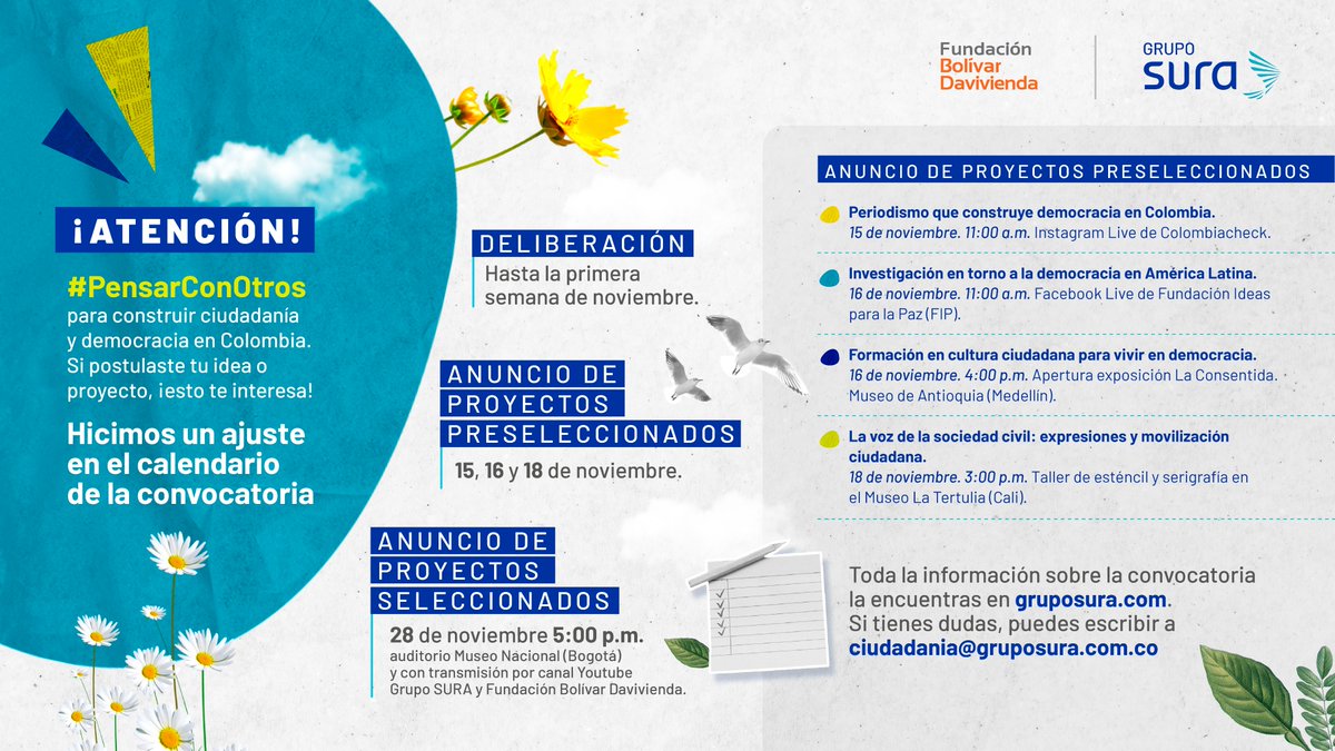 GRUPOSURA's tweet photo. 📢 ¡Tenemos noticias! Queremos ponerte al tanto de las últimas actualizaciones en el calendario de la convocatoria #PensarConOtros para fortalecer la ciudadanía y la democracia en Colombia. Si inscribiste tu idea o proyecto, esta información es para ti: https://t.co/bxbZeTQoUS