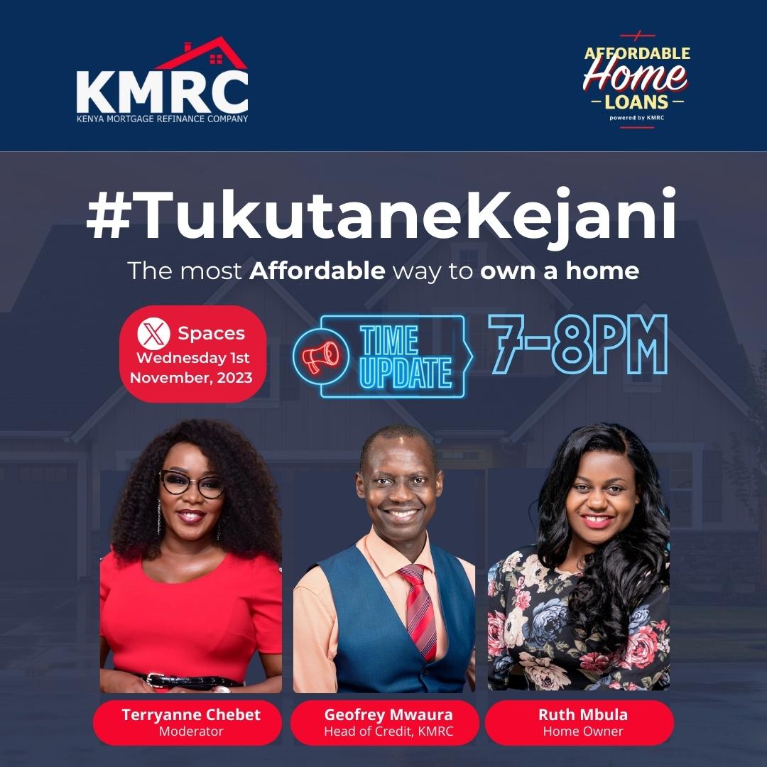 Wadau,the <a href="/kmrc_co/">Kenya Mortgage Refinance Company</a> has great rates on home loans, #RentYakeKejaYako with rate of Upto 10% repayment period of up to 25yrs. Click on x.com/i/spaces/1mrGm to join their space from 7PM by 
<a href="/TerryanneChebet/">Terryanne Chebet</a>
… &amp; have an amazing conversation on #AffordableHousingKE #JijengeNaKMRC