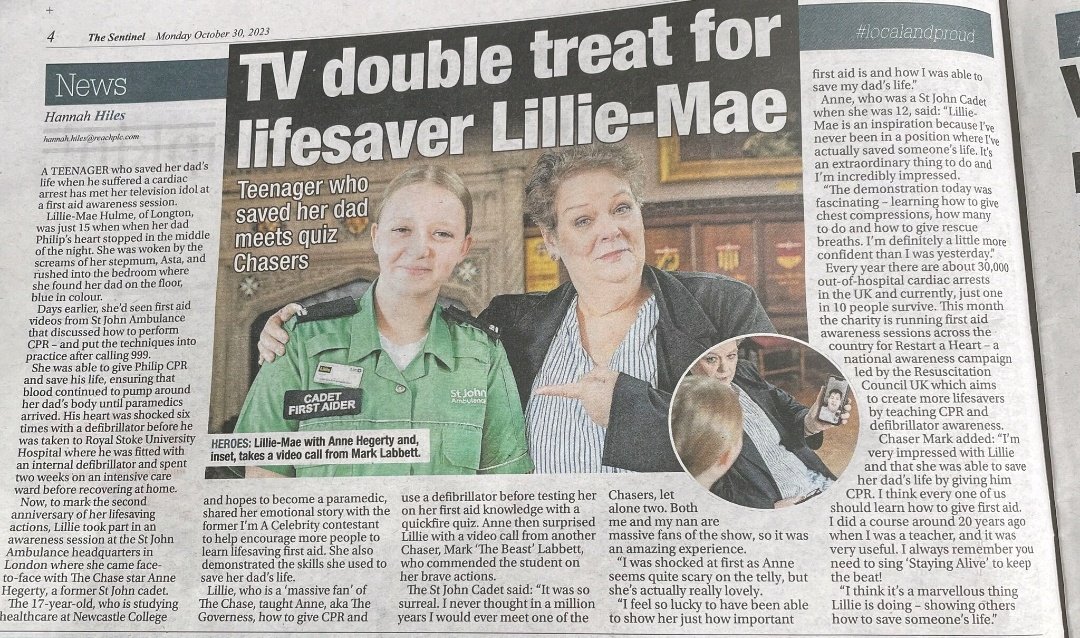 To mark the two year anniversary of her dad's cardiac arrest, <a href="/stjohnambulance/">St John Ambulance England</a> Cadet, <a href="/lilliehulmex/">lillie-mae hulme</a> met her idol <a href="/anne_hegerty/">Anne Hegerty</a> &amp; showed her the first aid skills she used to save her dad's life. 

This week Lillie's incredible story was covered by her local paper.