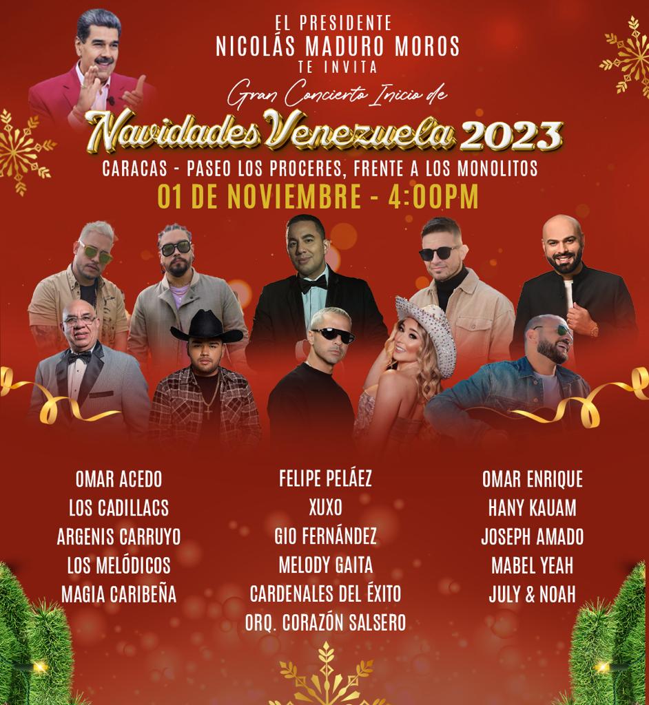 Los invito a disfrutar del talento musical de las y los artistas venezolanos, en el Gran Concierto: "Navidades Venezuela 2023", que se llevará a cabo en el Paseo Los Próceres, para iniciar las navidades con rumba, baile, música y alegría. ¡Están cordialmente invitados!
