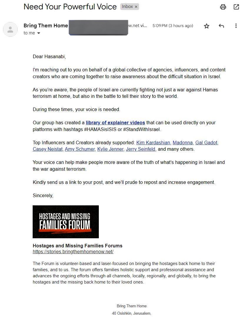 HasanabiProd's tweet photo. Got an email asking Hasan to make pro Israel tiktoks 

Joining other celebrities like Kim Kardashian, Gal Gadot and Amy schumer💀💀 https://t.co/PGG0acBRoe