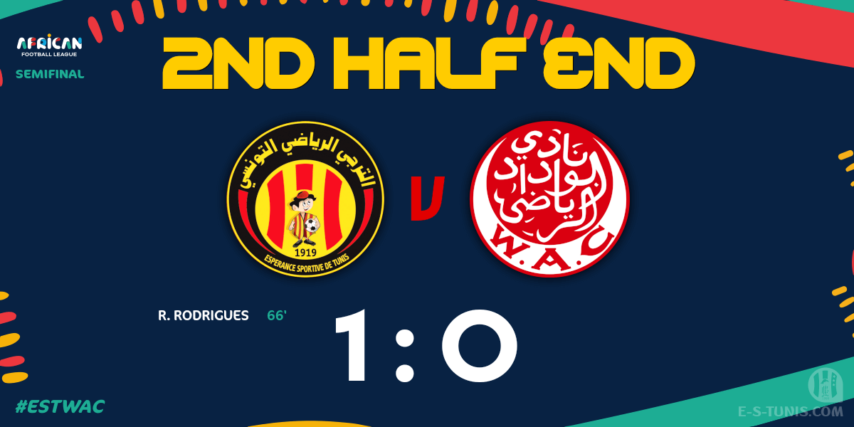 ESTuniscom's tweet photo. ⏱ PAUSE | #AFL #AfricanFootballLeague Semifinal #ESTWAC | 🇹🇳@ESTuniscom 1⃣-0⃣ #WydadAC🇲🇦 : End of the second half / نهاية الشوط الثاني / Fin de la seconde période https://t.co/m5UotovHwl