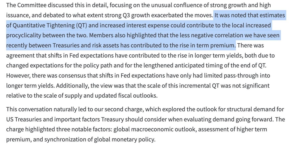 qthomp's tweet photo. This new @USTreasury report is a MUST read. I'll do my best to highlight key points below 👇
https://t.co/WbdcQTaTSB

Review of recent data and the economic resiliency across the board with 3 / 6 month NFP job growth averaging 266k / 234k and real GDP over +2% every quarter this year

The recent yield curve steepening a result of  higher near-term growth expectations, stickier inflation expectations and higher term premium required for longer duration debt

Near-term monetary policy (Fed funds rate) is not the biggest driver of recent moves. I've called this out a few times: https://t.co/egH42AJwqA

Acknowledgement of the debt supply problems due to fiscal deficits and the potential impacts to bond market volatility and Treasury auctions, specifically calling out shaky market liquidity

Implementing the 6-week bill into its permanent issuance strategy, specifically noting how it helps MMFs absorb more of the debt burden (RRP!)

The procyclicality of higher rates, leading to larger deficits, leading to more debt, leading to higher rates

And the cherry on top - recommending an increase in bill issuance to both offset decreased domestic and international demand for Treasuries and utilize the strong demand from MMFs

What does this all mean?
Yellen has $1 trillion of excess reserves sitting in the RRP she'll use to fund near-term deficit spending via bills issuance instead of bond issuance. This reduces upward pressure on the long bond and stabilizes yields, which was the exact reason for recent market volatility despite the better than expected economic resilience. Treasury and the Fed to the market's rescue once again.