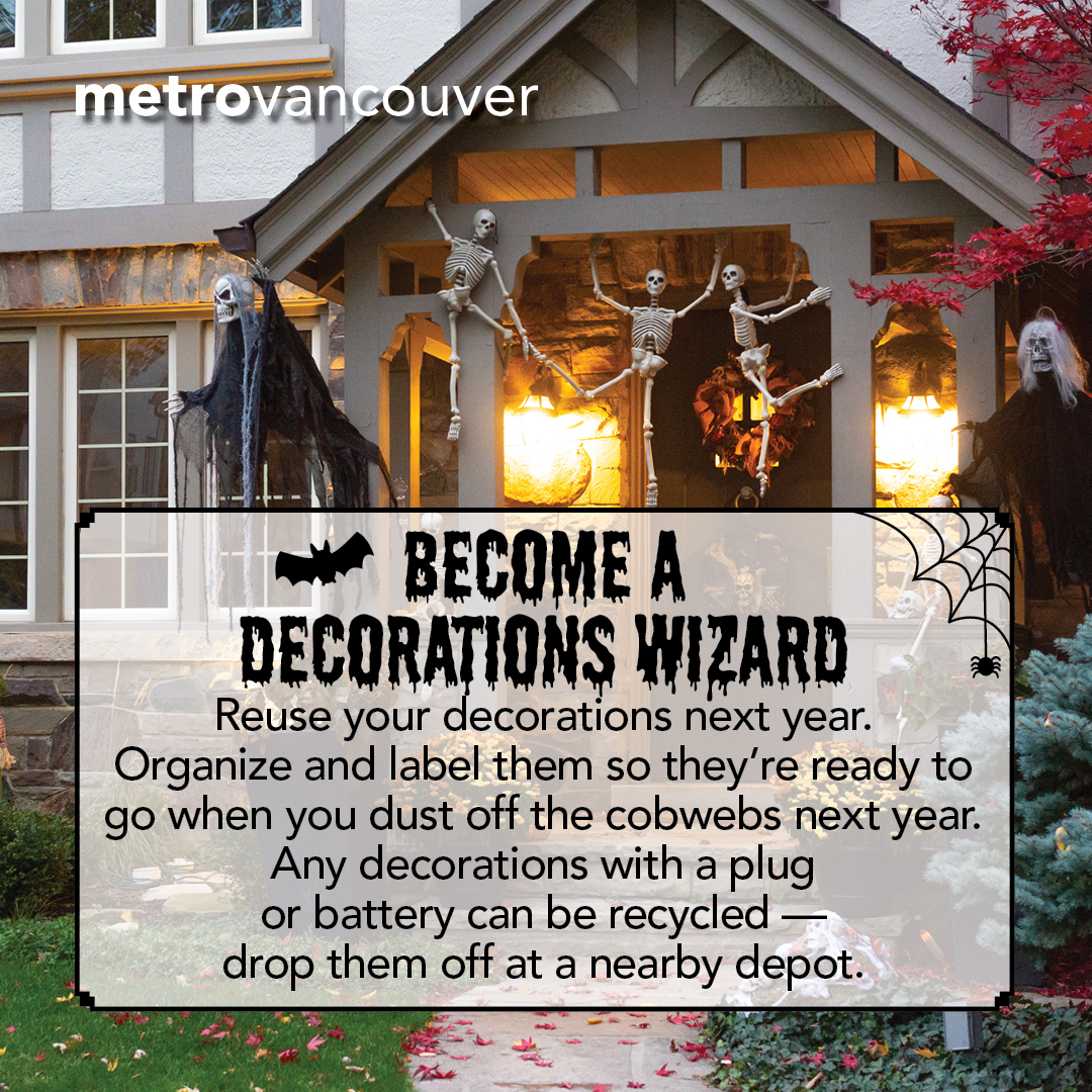 MetroVancouver's tweet photo. Have no fear – post-Halloween tips are here! Try these easy tips to reduce waste and make next year even more spooktacular.🎃#metrovancouver #ZeroWaste #EveryBiteCounts #ThinkThriceAboutYourClothes @lfhw_ca https://t.co/fl4quDK2rX