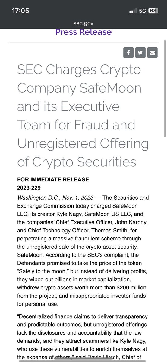 Breaking News 

Safemoon in trouble with the Sec 

#safemoon #SAFEMOONARMY #SEC

sec.gov/news/press-rel…