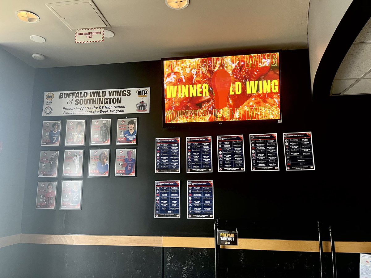 NFP_CTEast's tweet photo. It’s Official! When you walk into any one of the 10 @BWWings locations in Connecticut, you will be greeted by @WalterCampFF FB Conference Players of the Week &amp; @CTHSCA State-Wide Players of the Week! We are proud of this program &amp; appreciate our partners &amp; sponsors! #cthsfb https://t.co/Z5PcsILelr