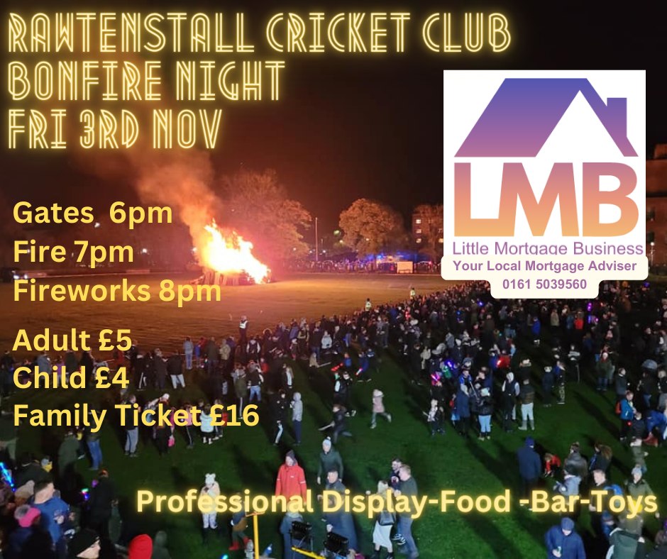 Rawtenstall Cricket Club is celebrating Bonfire Night in style this Friday 🎆 
 
Kickstart the weekend with an incredible firework display and bonfire. 
 
There will be food, drinks and entertainment to enjoy before the firework display starts at 8pm. 
 
bit.ly/RawtenstallCri…