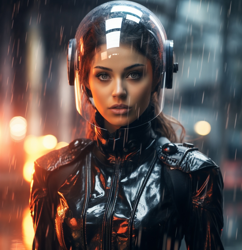 cesar20984's tweet photo. "Within the rain, a futurist maiden stands, her visage kissed by liquid stars. Amidst the steam and steel, she is the paradox of comfort in chaos. Perfect precision with a crack, a testament to our shared, beautiful imperfection. #Bronzepunk #Comfycore #ArtificialRenaissance" https://t.co/Z6QKK5968Y
