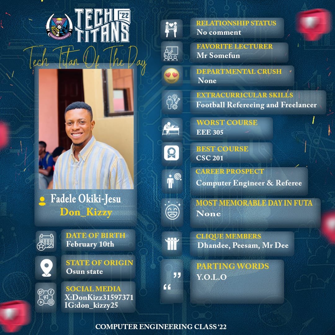 Adefolakemmie's tweet photo. MEET A TECH TITAN
Meet DON KIZZY,the distinguished referee extraordinaire! A respected figure in the world of soccer officiating and a former chairman of the FUTASU Referee Association (FRA).He's a firm believer in the 'Men I Trust' association.
#TheTechTitans
#Class22geng https://t.co/1eV7C23IMh