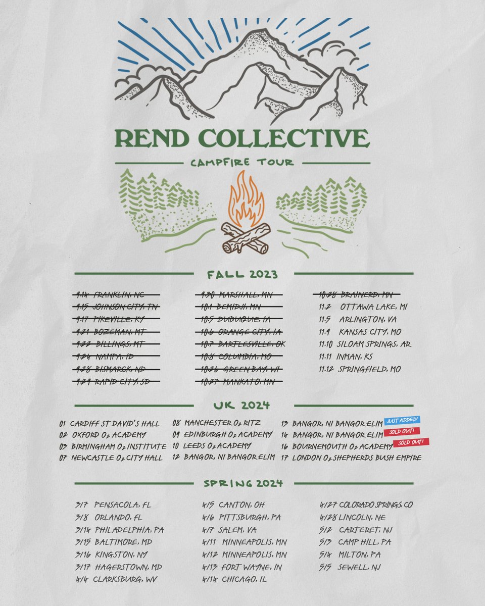 rendcollective's tweet image. Campfire Tour is shaping up! We've been loving these nights with all of you. We are excited to keep this going next year too! Keep an eye out as we announce more dates! Tickets are available now, grab yours at rendcollective.com 😊