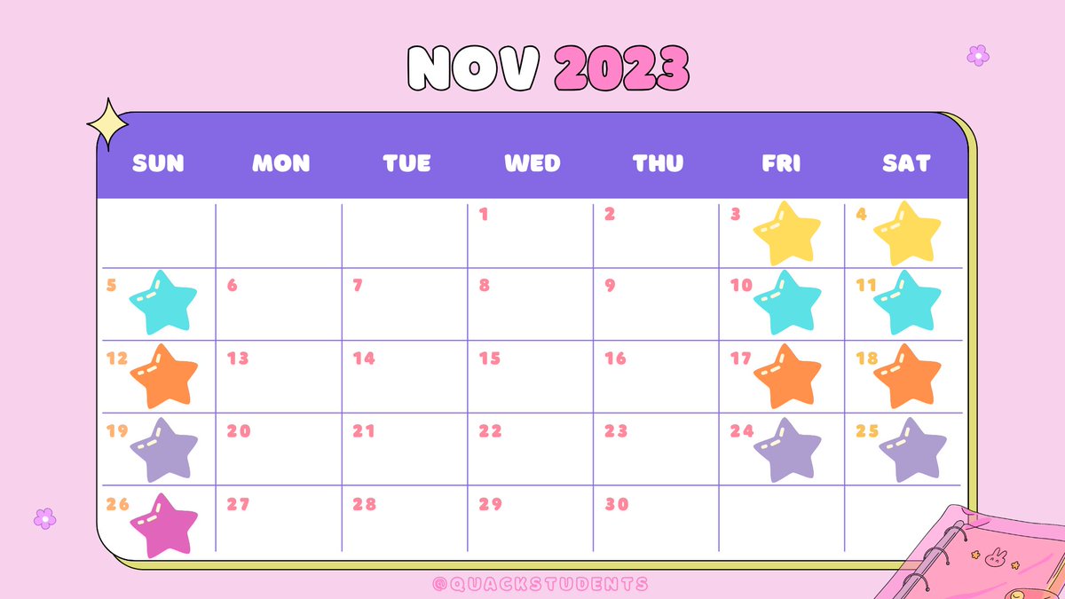 Quackstudents's tweet photo. Hola hola! Estaremos haciendo un calendario mensual de clases! Las estrellas serán indicador de que tenemos clase ese día! Así que por ahora este viernes tendremos clase a las 6:30 ;)  no olviden pasarse! 💗💗