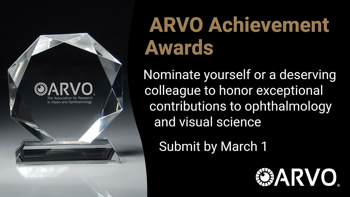 Nominations are open for the prestigious @ARVOinfo Achievement Awards! Open to the #visionresearch community, help celebrate outstanding contributions to #ophthalmology/#visualscience by nominating an exceptional colleague, or even advocating for yourself: bit.ly/2RqhiIB