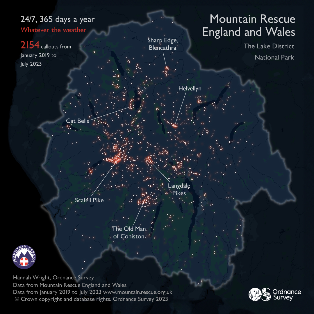 For Day 1 of the #30DayMapChallenge - we highlight the extraordinary work of the volunteer @MountainResqUK teams who are on call 24/7, 365 days of the year. The data visualisation uses OS Open Zoomstack in night style and was created in QGIS, finished off in Adobe Illustrator.