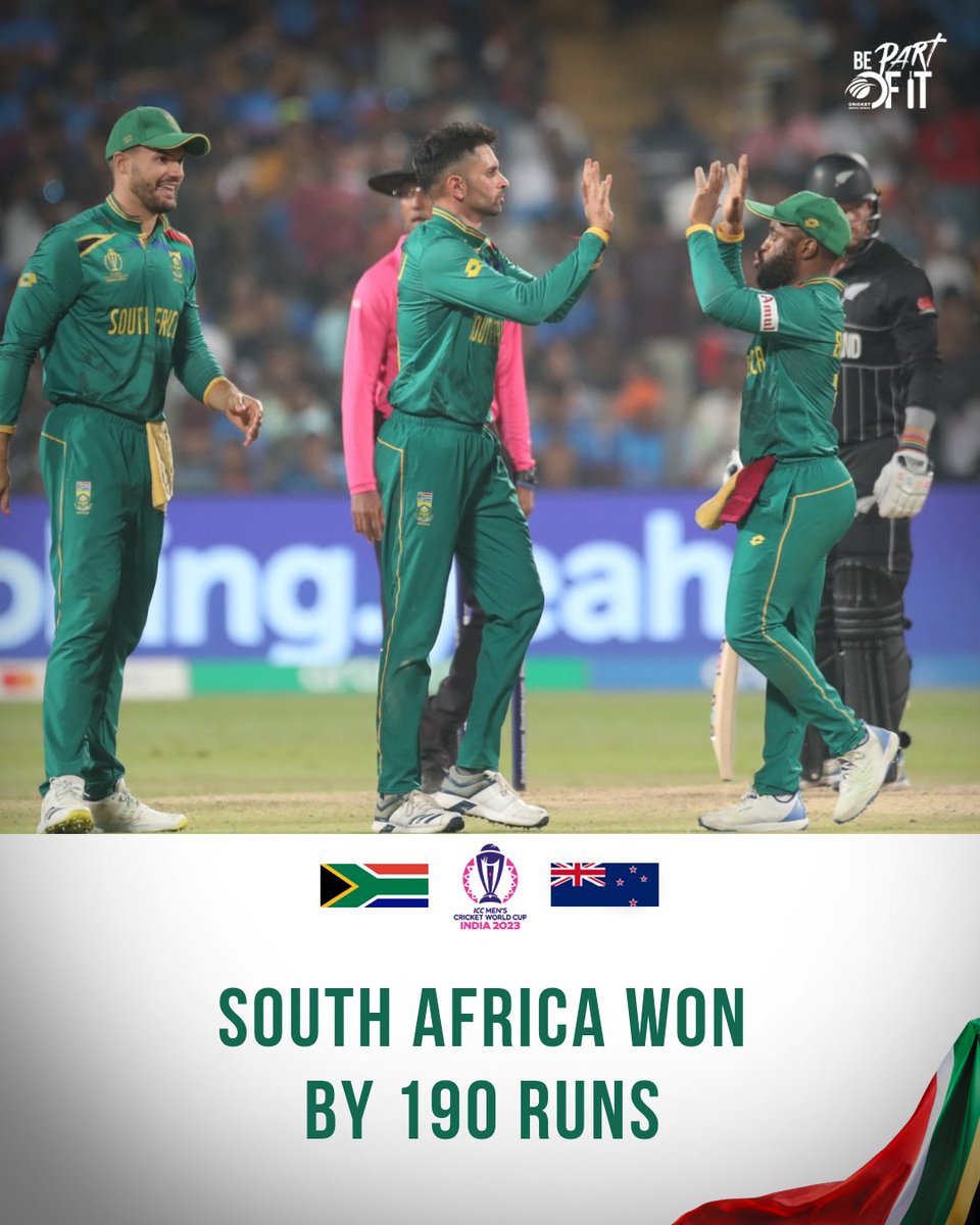 South Africa's Proteas beat New Zealand by 190 runs at the 2023 Cricket World Cup. They have now won 6 of 7 games at the tournament. This is South Africa's first win over New Zealand at the Men's Cricket World Cup since 1999.