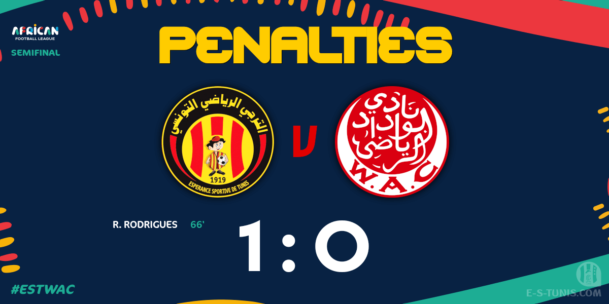 ESTuniscom's tweet photo. ⏱ PENALTIES | #AFL #AfricanFootballLeague Semifinal #ESTWAC | 🇹🇳@ESTuniscom 1⃣-0⃣ #WydadAC🇲🇦 : The penalty shoot-out is beginning / بداية ركلات الترجيح / Début des tirs au but https://t.co/GByowzvEKr