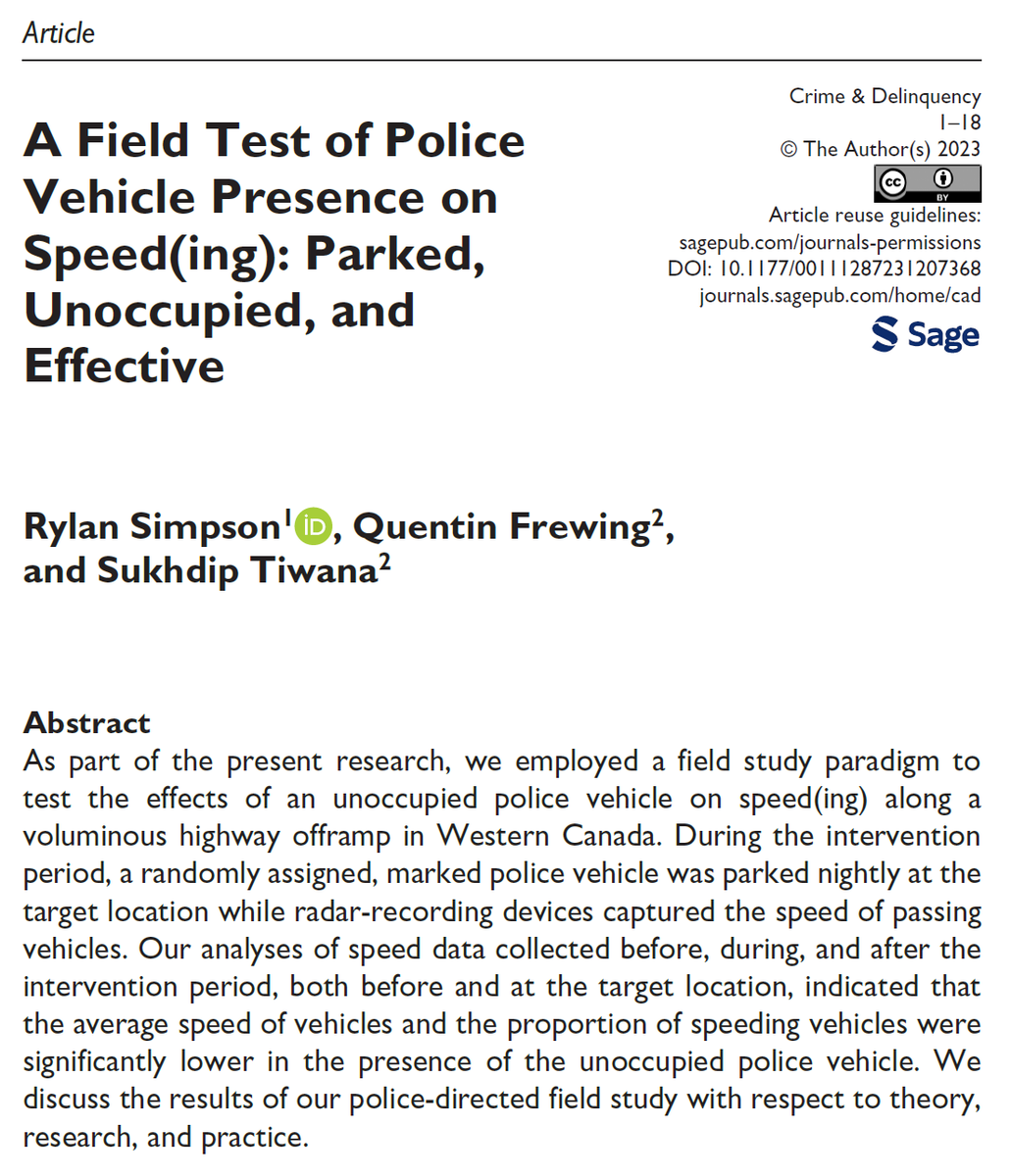 rylan_simpson's tweet photo. Speed(ing) = contributor to traffic collisions… ↑ risk &amp; ↑ injuries!

So how can #police reduce speed(ing)?

In new article, I worked w/ @BCHwyPatrol to test effects of PARKED, MARKED &amp; UNOCCUPIED #police #car on speed(ing) along hwy offramp: https://t.co/xej62iBa3n

A 🧵

1/5 https://t.co/wmb1K1ydm2