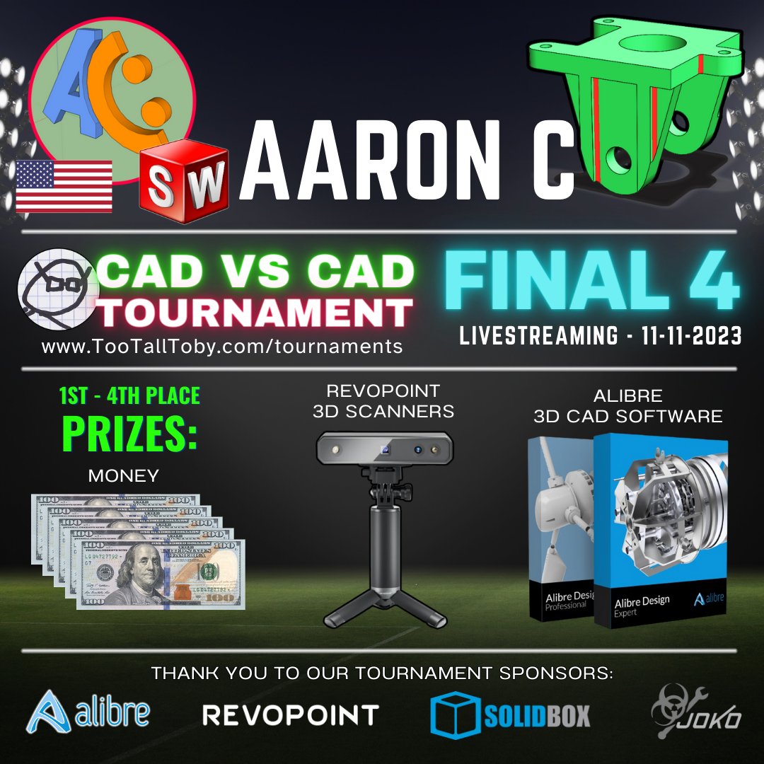 TooTallToby's tweet photo. Huge CONGRATULATIONS to Aaron C!!
On Saturday Oct 28th #solidworks WIZARD Aaron C won ELITE 8 match against #solidworks master Pranav Kulkarni - in an EPIC marathon battle!!
Thank you to all of our sponsors!
#revopoint #alibre #SolidBOX and #JokoEngineering https://t.co/FafXuMztaY