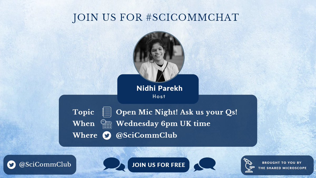 Team! Guess what?! Our #SciCommChat #OpenMic session begins in less than 30 mins. Do you have any questions about #SciComm or SciComm-adjacent fields? This could be a place to get yourself some answers. #SciComm #ScienceTwitter