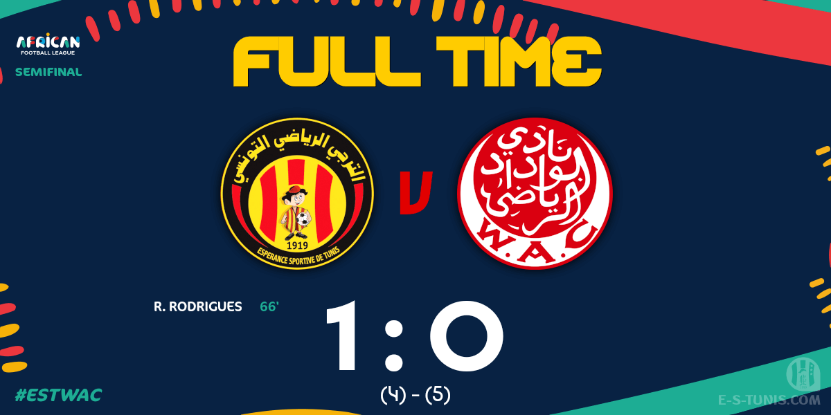 ESTuniscom's tweet photo. ⏱ FT | #AFL #AfricanFootballLeague Semifinal #ESTWAC | 🇹🇳@ESTuniscom 1⃣-0⃣ #WydadAC🇲🇦 : End of the match / نهاية المباراة / Fin du match https://t.co/AHisNFYFGn
