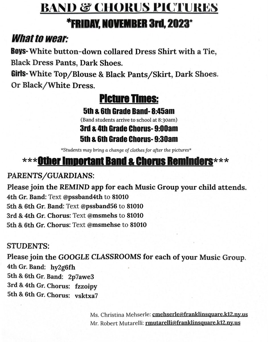 📸😁 Don’t Forget! This Friday 11/3 is Picture Retake Day and Band &amp; Chorus Pictures!

If you would like your child to retake their photo, the entire package MUST be sent back to school before 11/3

Band &amp; Chorus Picture Day is 11/3 for grades 3-6. Details in picture here