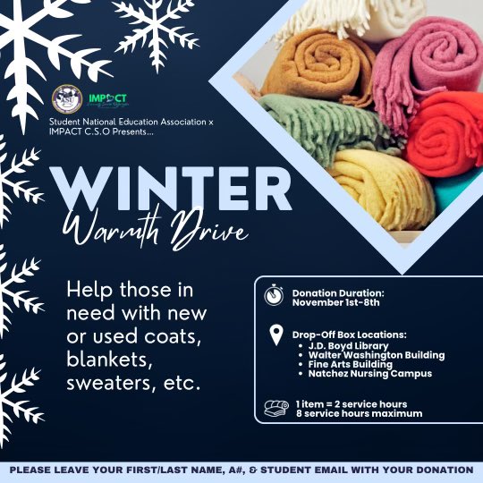 It’s the season of ✨giving✨

Winter weather ❄️ can be harsh, especially for those without the proper clothes to wear! Help the IMPACT Family &amp; the Student National Education Association give warmth to those in need. 🫶🏽 Donate Today!