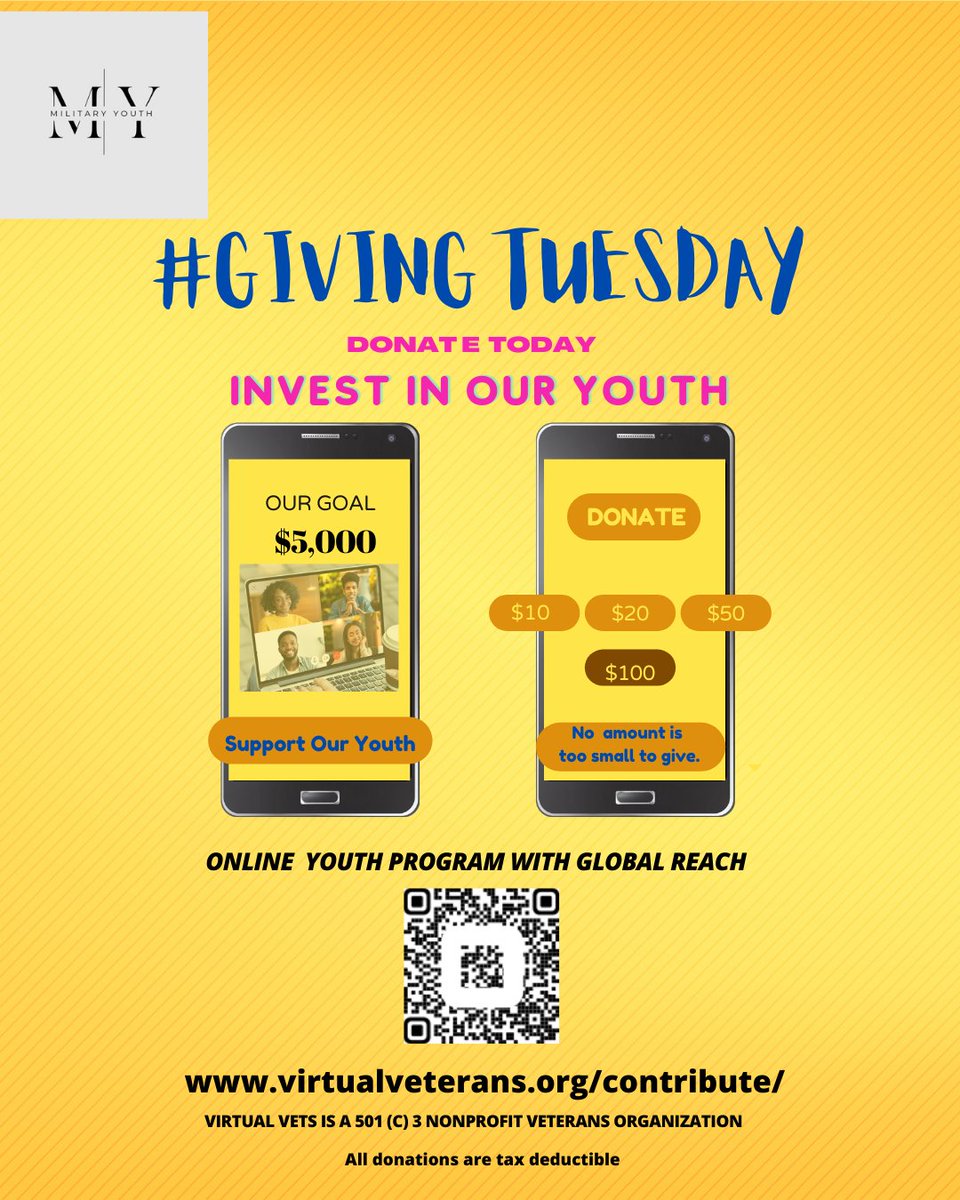 vets_virtual's tweet photo. Mark your calendar! Nov 29 is #GivingTuesday.
Join us in Making a Difference in the lives of our Military Youth. These are the children of our brave men and women who serve our country.
Will you join us in giving today?
https://t.co/K6toDBC6D5
https://t.co/29W4cx58fa https://t.co/B2HgXvsbAH