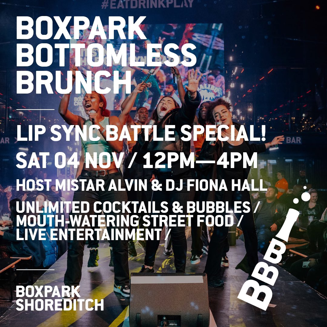 boxpark's tweet photo. HELLO NOVEMBER!🤩
 
WED: @knox38s 
THU: Post Work Pop Party  // @BaileLDN 
FRI: @RampageSound 
SAT: Lip Sync Battle - Boxpark Bottomless Brunch // @CoorsBeer Saturday Sessions
SUN: Way Back When - Games &amp; Old Skl 

For more info &amp; tix, link in bio!

#londonevents #eventsinlondon https://t.co/yrjx84ldYS